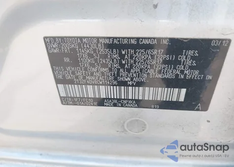2012 Toyota Rav4 from USA, damaged, VIN 2T3ZF4DV8CW114296